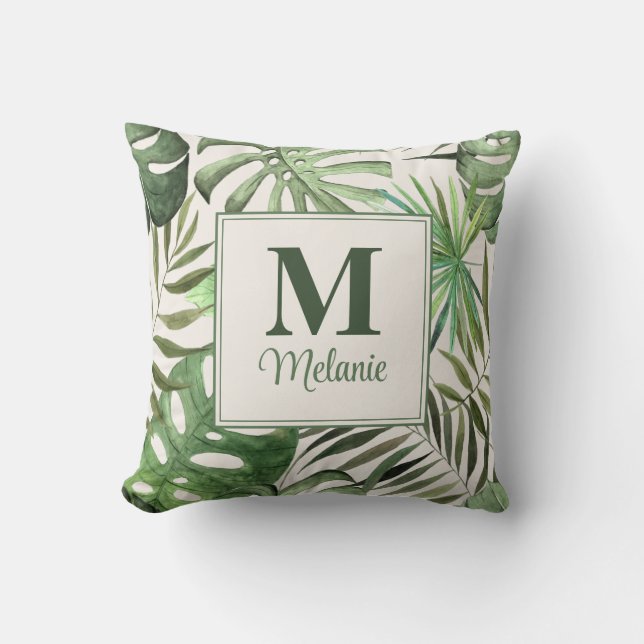 Tropical Monstera Custom Name and Initial Throw Pillow (Front)