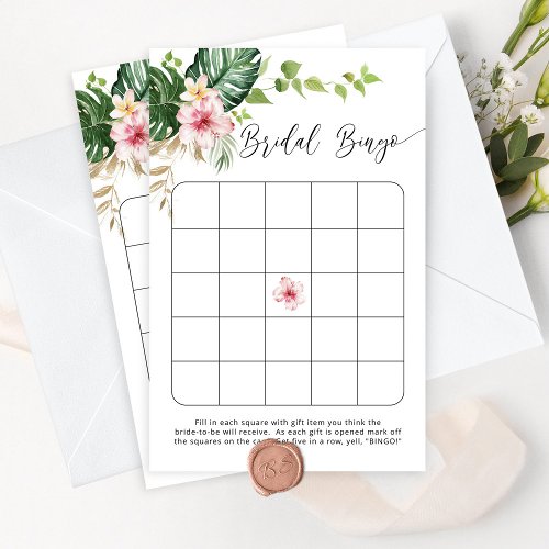 Tropical monstera elegant bridal bingo game