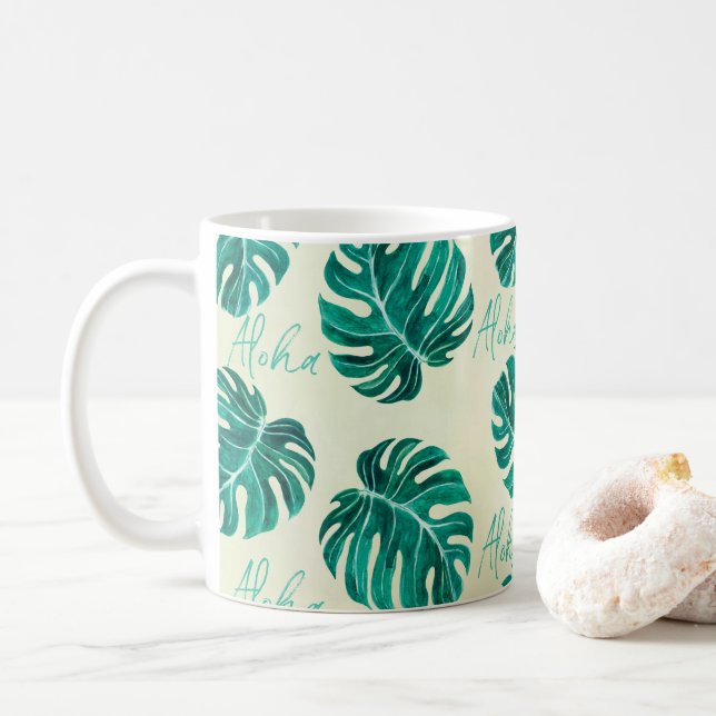 Tropical monstera emerald green palm leaves aloha coffee mug (With Donut)