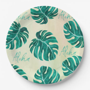 Tropical monstera emerald green palm leaves aloha paper plates
