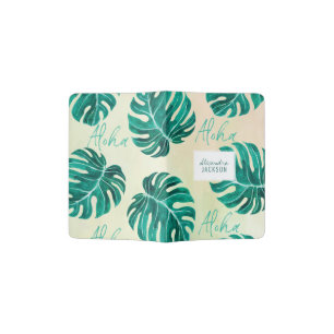 Tropical monstera emerald green palm leaves aloha passport holder