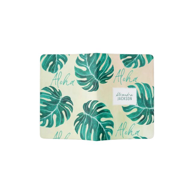 Tropical monstera emerald green palm leaves aloha passport holder (Opened)