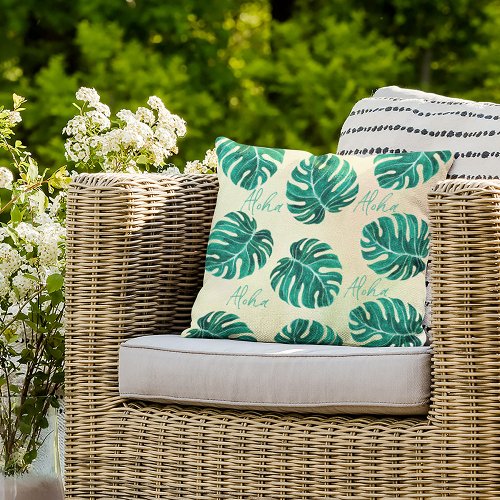 Tropical monstera emerald green palm leaves aloha throw pillow