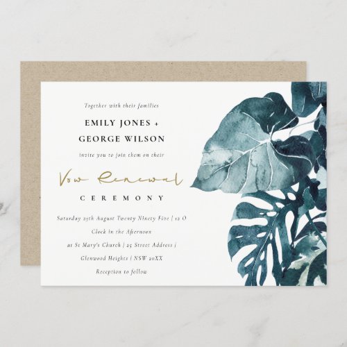 Tropical Monstera Foliage Blue Vow Renewal Invite