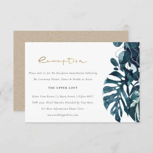 Tropical Monstera Foliage Blue Wedding Reception Enclosure Card