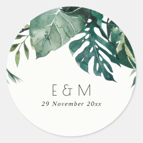 Tropical Monstera Foliage Green Monogram Wedding Classic Round Sticker