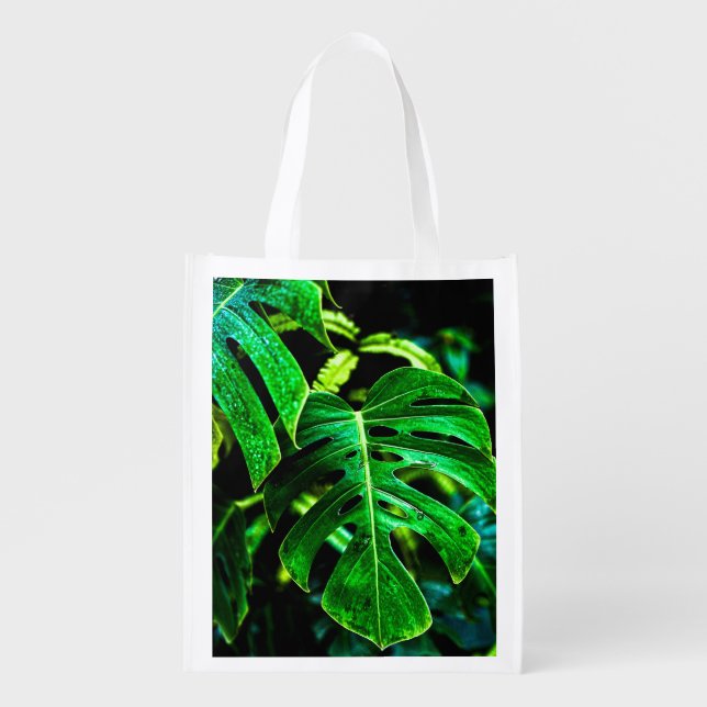Tropical Monstera Glow – Jungle Leaf Photography Grocery Bag (Front)
