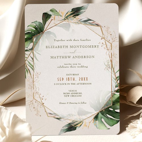 Tropical Monstera Gold Green Watercolor Wedding Invitation