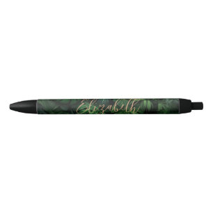 Tropical Monstera Gold Script Name Pen