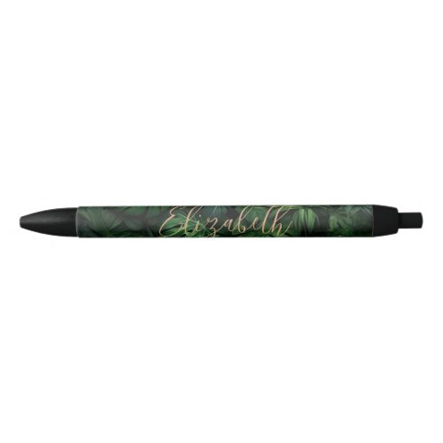 Tropical Monstera Gold Script Name Pen