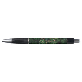 Tropical Monstera Gold Script Name Pen