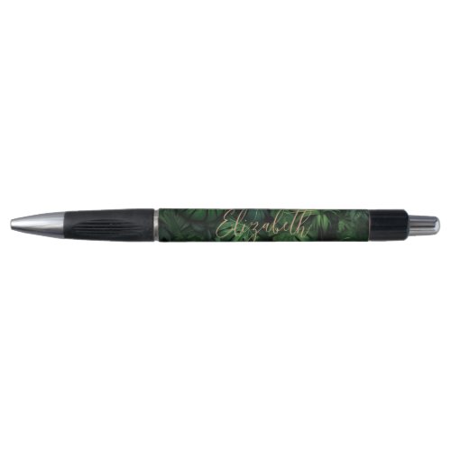 Tropical Monstera Gold Script Name Pen