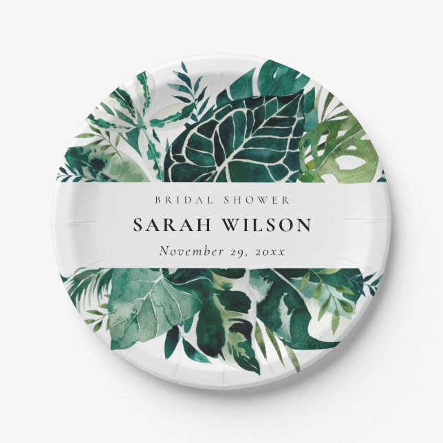 Tropical Monstera Green Foliage Bridal Shower Napk Paper Plates (Front)