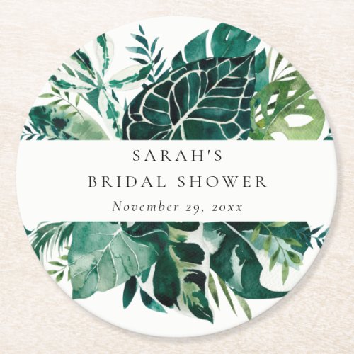 Tropical Monstera Green Foliage Bridal Shower  Round Paper Coaster