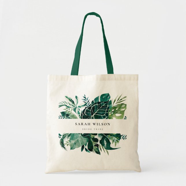 Tropical Monstera Green Foliage Leafy Bride Tribe Tote Bag (Front)
