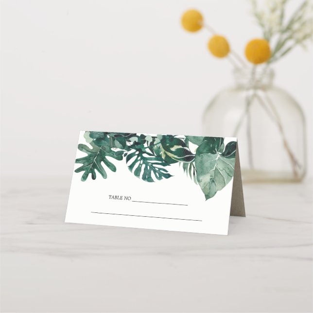 Tropical Monstera Green Foliage Leafy Wedding  Place Card (Back)