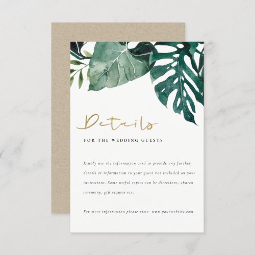 Tropical Monstera Green Foliage Wedding Details Enclosure Card