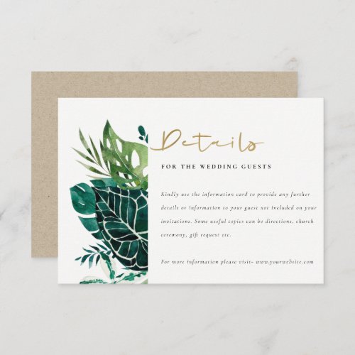 Tropical Monstera Green Foliage Wedding Details  Enclosure Card