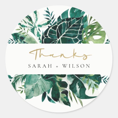 Tropical Monstera Green Foliage Wedding Thank You Classic Round Sticker