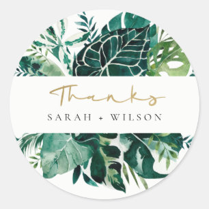 Tropical Monstera Green Foliage Wedding Thank You Classic Round Sticker