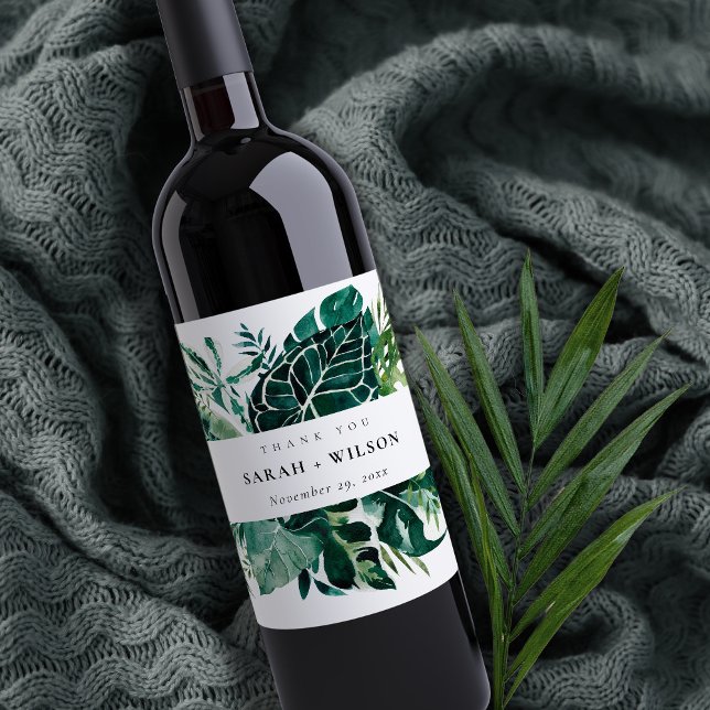 Tropical Monstera Green Foliage Wedding Thank You Wine Label (Creator Uploaded)