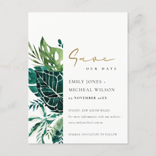 Tropical Monstera Green Leafy Fauna Save The Date Postcard