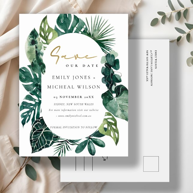 Tropical Monstera Green Leafy Fauna Save The Date  Postcard (Creator Uploaded)
