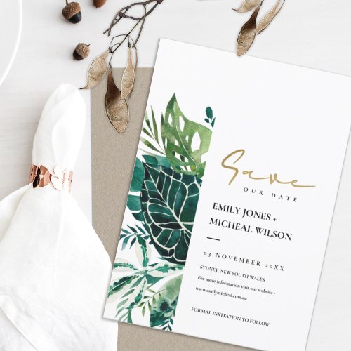 Tropical Monstera Green Leafy Save The Date Invite