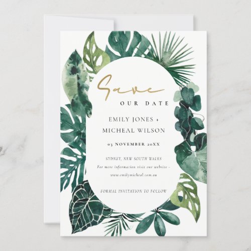 Tropical Monstera Green Leafy Save The Date Invite