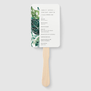 Tropical Monstera Green Leafy Wedding Program Hand Fan
