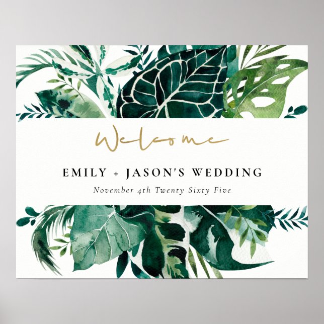 Tropical Monstera Green Leafy Wedding Welcome Sign (Front)