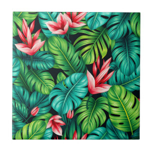 Tropical Monstera Heliconia Jungle Pattern Ceramic Tile