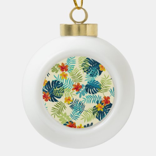 Tropical Monstera Hibiscus Summer Pattern Ceramic Ball Christmas Ornament