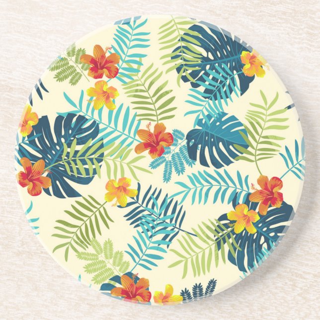 Tropical Monstera Hibiscus Summer Pattern Coaster (Front)