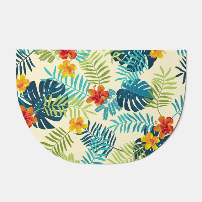Tropical Monstera Hibiscus Summer Pattern Doormat (Front)