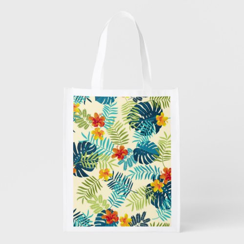 Tropical Monstera Hibiscus Summer Pattern Grocery Bag