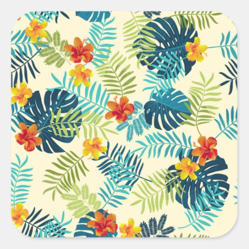 Tropical Monstera Hibiscus Summer Pattern Square Sticker