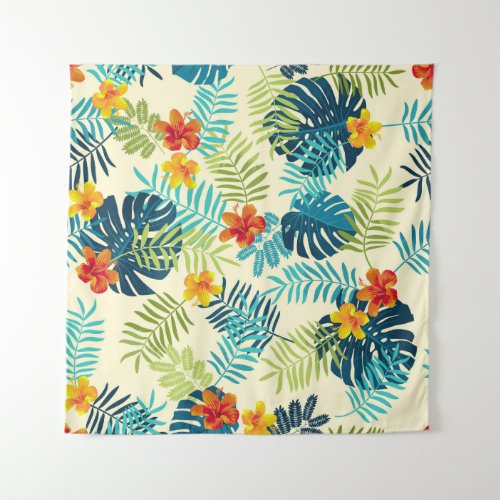 Tropical Monstera Hibiscus Summer Pattern Tapestry