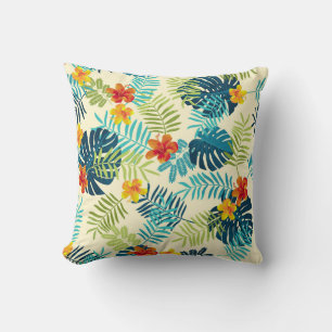 Tropical Monstera Hibiscus Summer Pattern Throw Pillow