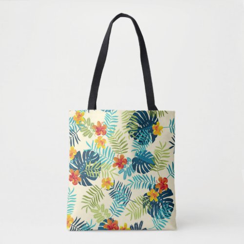 Tropical Monstera Hibiscus Summer Pattern Tote Bag