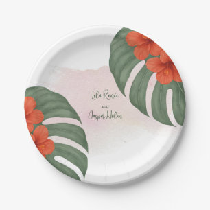Tropical Monstera & Hibiscus Wedding Paper Plates