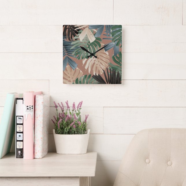 Tropical Monstera Jungle Leaves 2 Square Wall Clock (Reading Room)