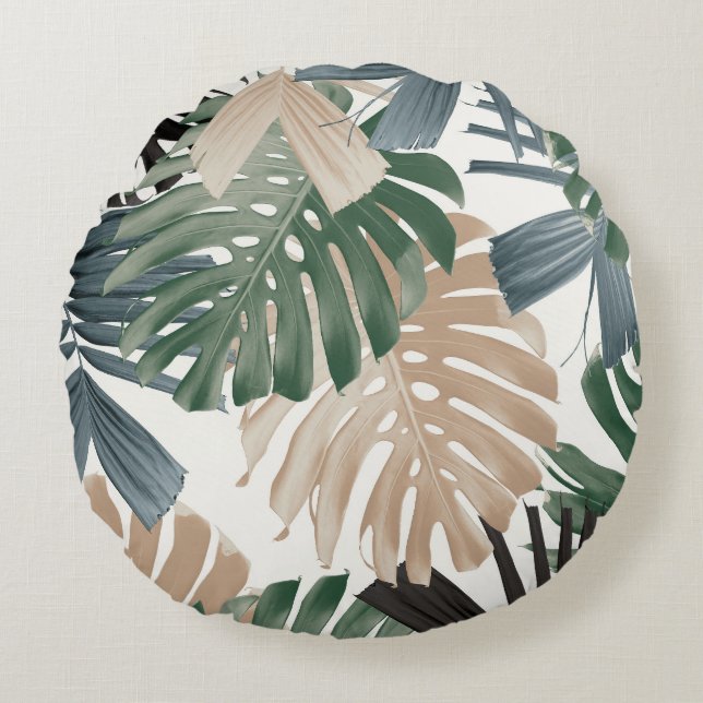 Tropical Monstera Jungle Leaves 3 Round Pillow (Front)