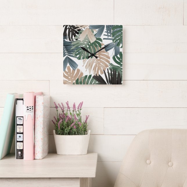 Tropical Monstera Jungle Leaves 3 Square Wall Clock (Reading Room)