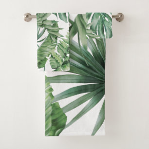 Tropical Monstera Jungle Palm Tree Leaves Green Bath Towel Set