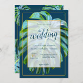 Tropical Monstera Leaf Dark Blue Gold Wedding Invitation (Front/Back)