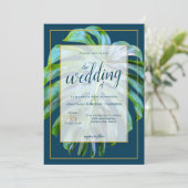 Tropical Monstera Leaf Dark Blue Gold Wedding Invitation (Standing Front)