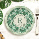 Tropical Monstera Leaf Family Reunion Monogrammed Paper Plates<br><div class="desc">These unique family reunion paper plates are perfect for summer party tableware in tropical style. Elegant pastel monstera leaves and gingham patterns decorate the plates.

For 7 inches square plates please visit: https://www.zazzle.com/monstera_tropical_leaves_7in_family_reunion_party_paper_plates-256242355260628019

For 9 inches square plates please visit: https://www.zazzle.com/monstera_leaves_monogrammed_9in_family_reunion_paper_plates-256682864313475203</div>