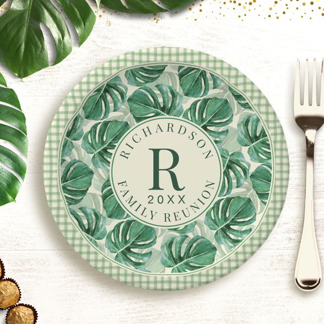 Tropical Monstera Leaf Family Reunion Monogrammed Paper Plates (Creator Uploaded)