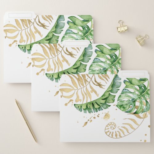 Tropical monstera leaf green gold watercolor art file folder